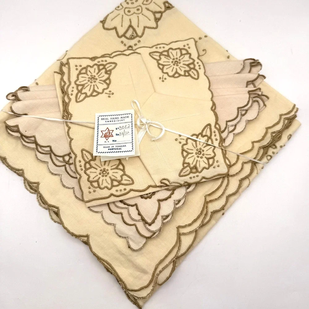 Vintage Madeira Linen Tablecloth & Napkin Set Cutwork Embroidery Portugal