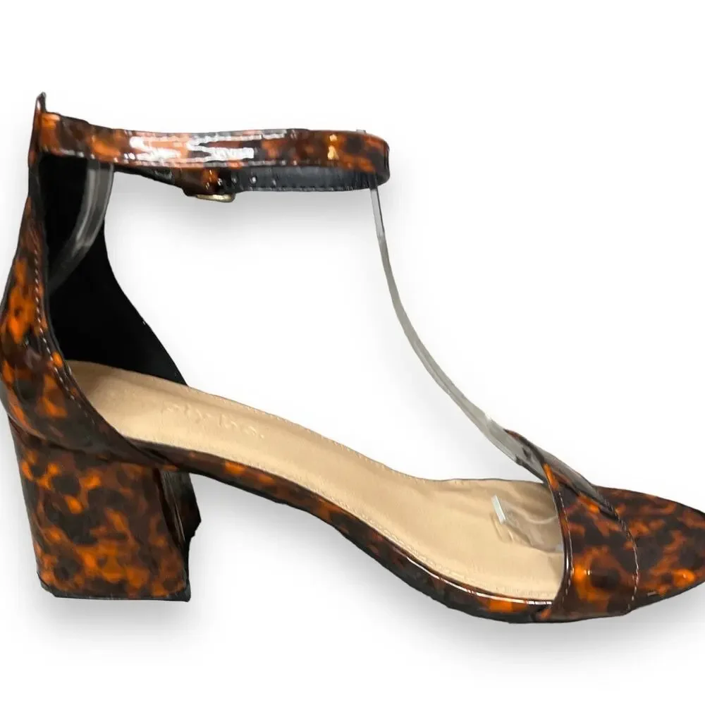 Simply Be Block Heels Women's 8 Brown Open Toe Tortoise Print Ankle Strap New