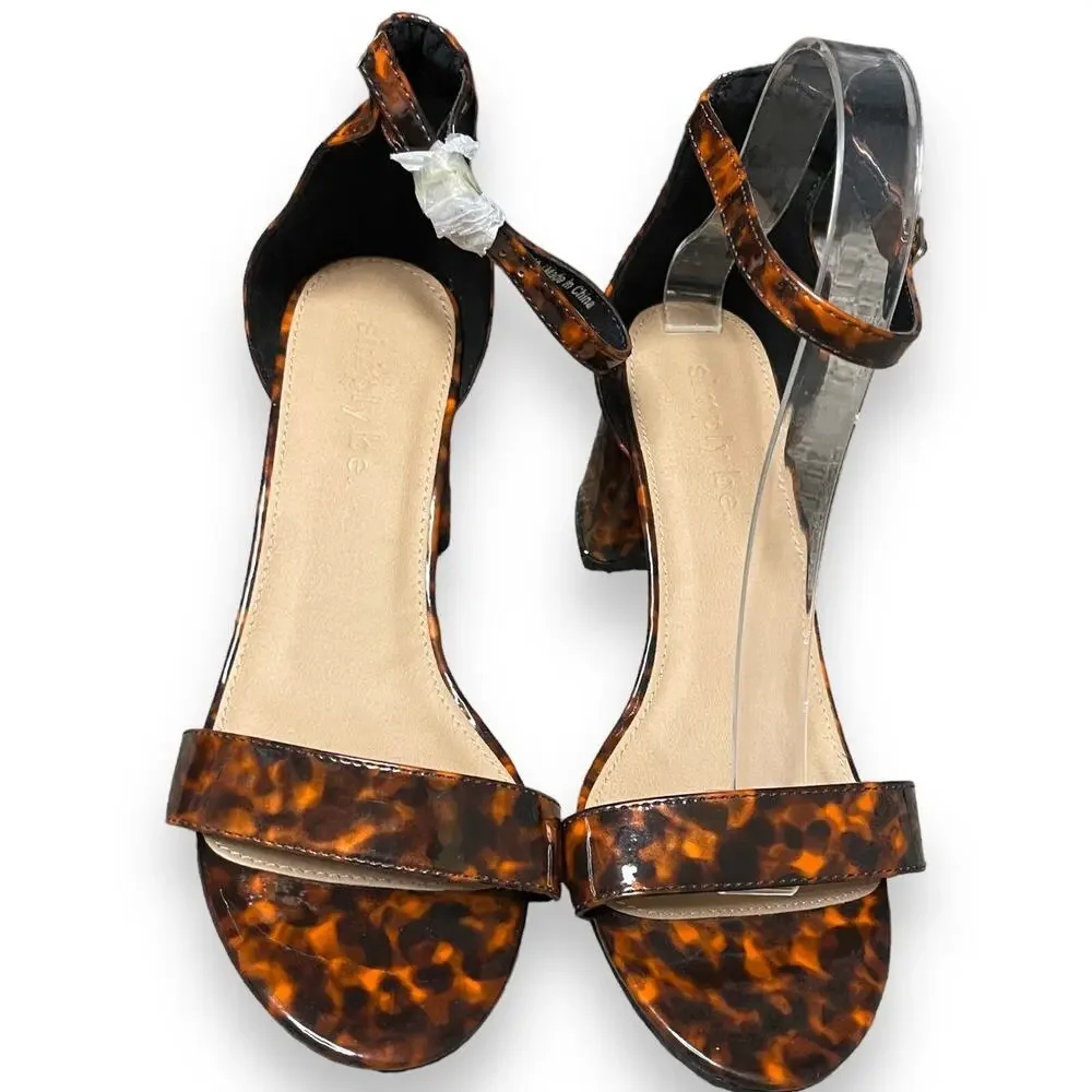 Simply Be Block Heels Women's 8 Brown Open Toe Tortoise Print Ankle Strap New