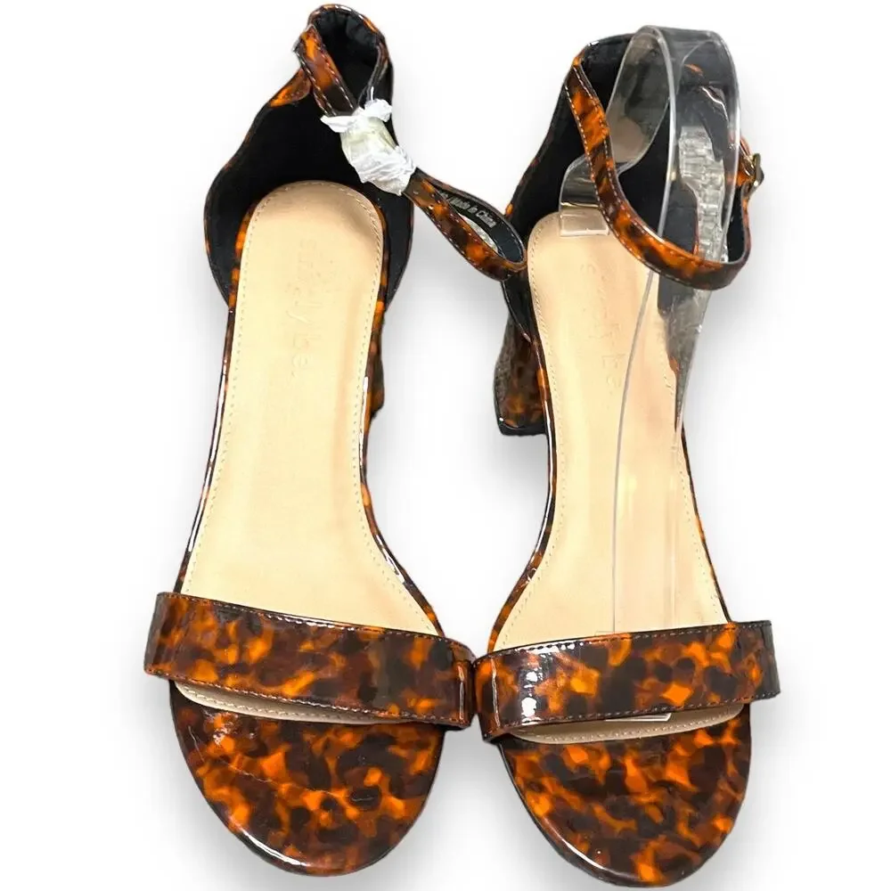 Simply Be Block Heels Women's 8 Brown Open Toe Tortoise Print Ankle Strap New