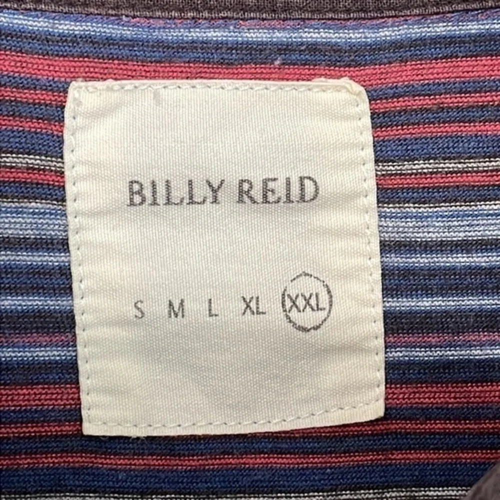 Billy Reid men's XXL red, grey &‎ blue striped short sleeve polo shirt.  EUC