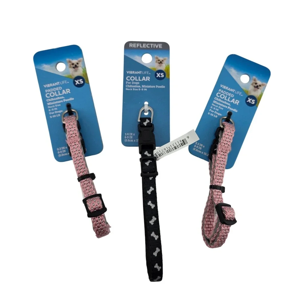 Vibrant Life Dog Collar Bundle Padded Reflective Assorted‎ Styles 3 Collars XS