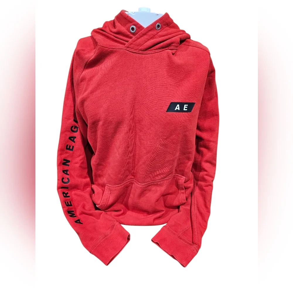 American Eagle Red Hoodie Men’s L | AE Logo Pullover | Graphic Sleeve‎