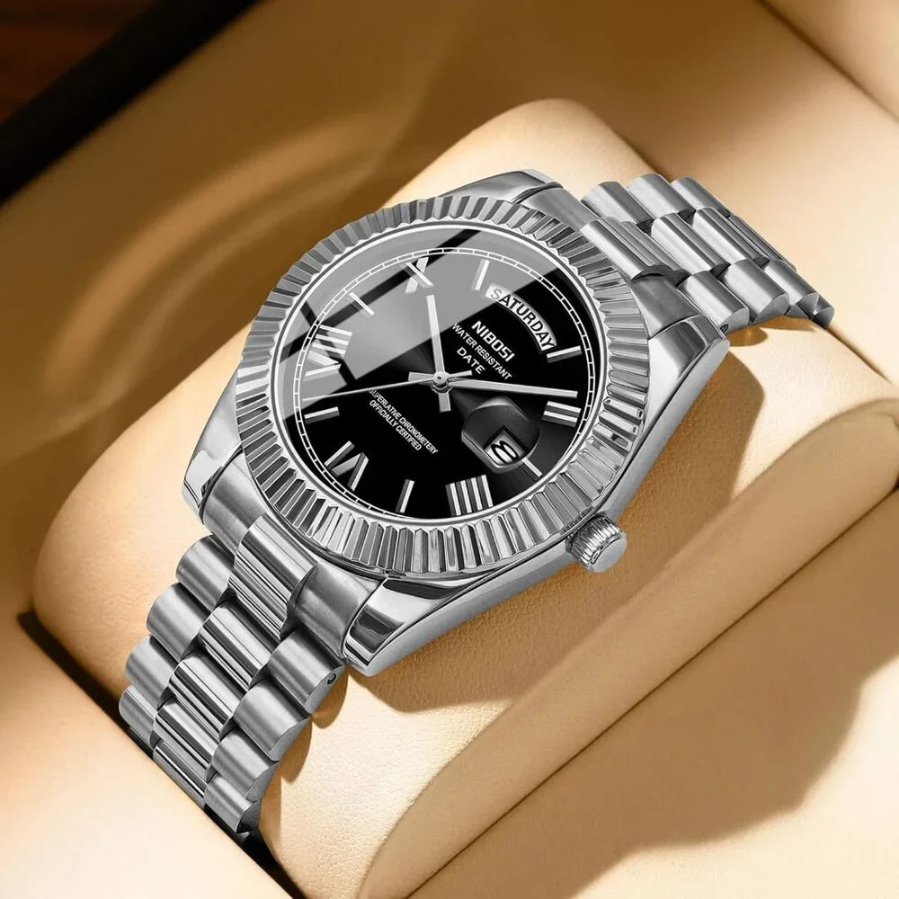 Men's Silver Black Stain Steel Analog Classic Design Stylish Wrist Dress Watch