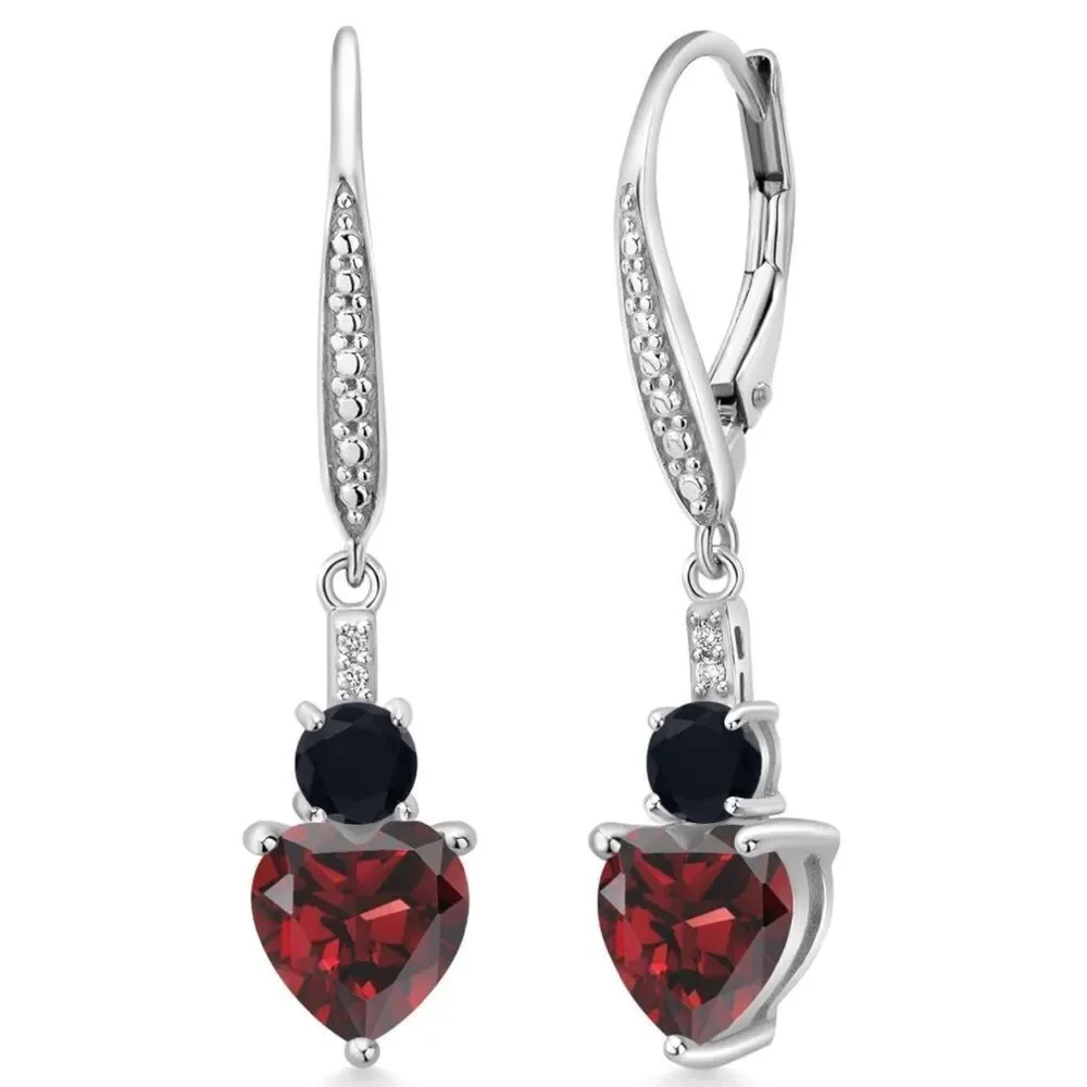 925 Sterling Silver with 3.07 Cttw Red Garnet and Black Onyx Heart Drop Earrings
