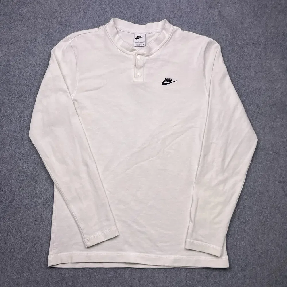 Nike Club Long Sleeve Snap Henley Shirt Men’s Size Small White Tee