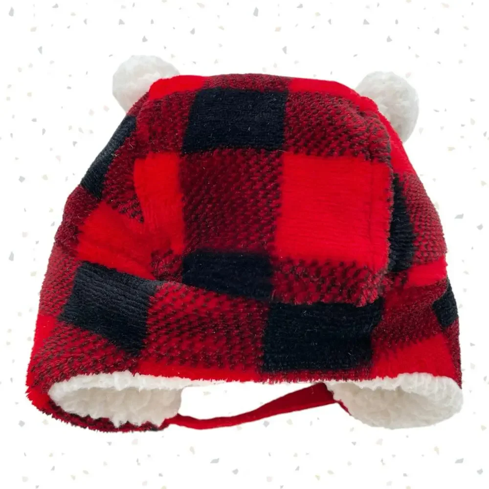 Buffalo Plaid Baby Trapper Hat Fleece Lined Checked Cozy Winter Glove Set 6-12m