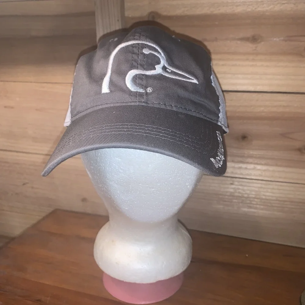 Ducks Unlimited Hat Strap Back OSFM Gray White Mesh Trucker Hat White Outline.