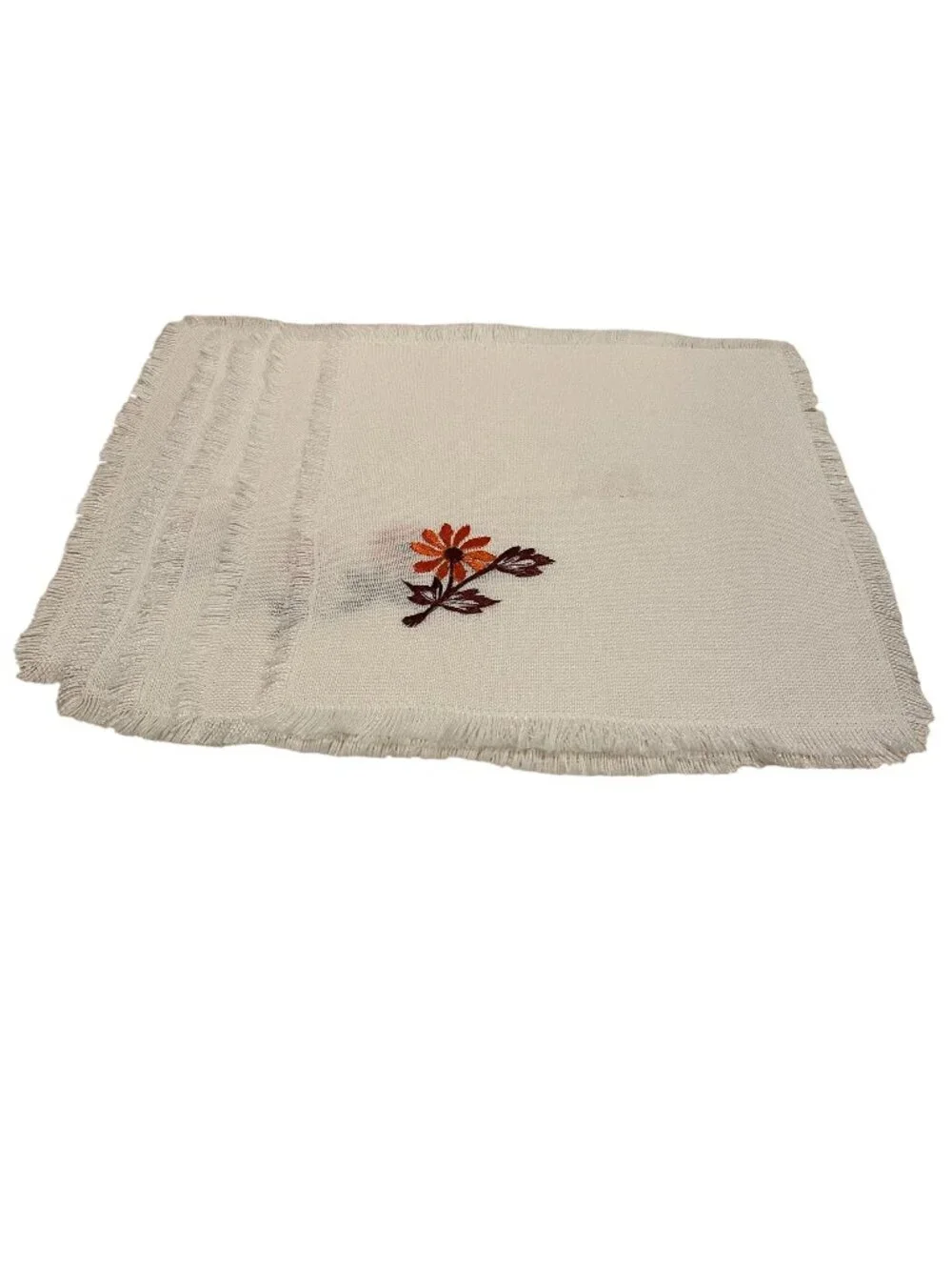 Set of 5 Vintage Square Floral Stitched Doilies Fringe Cream 12x12 Table Decor