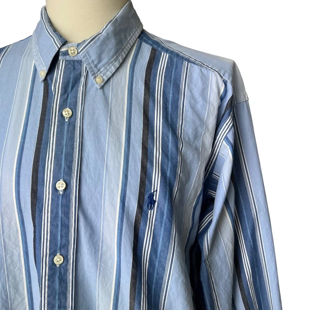 Vintage Polo Ralph Lauren Y2K Mens XL Classic Fit Blue Striped Button Down Shirt