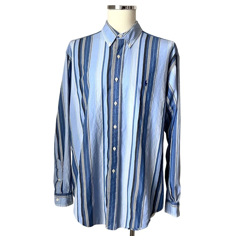 Vintage Polo Ralph Lauren Y2K Mens XL Classic Fit Blue Striped Button Down Shirt