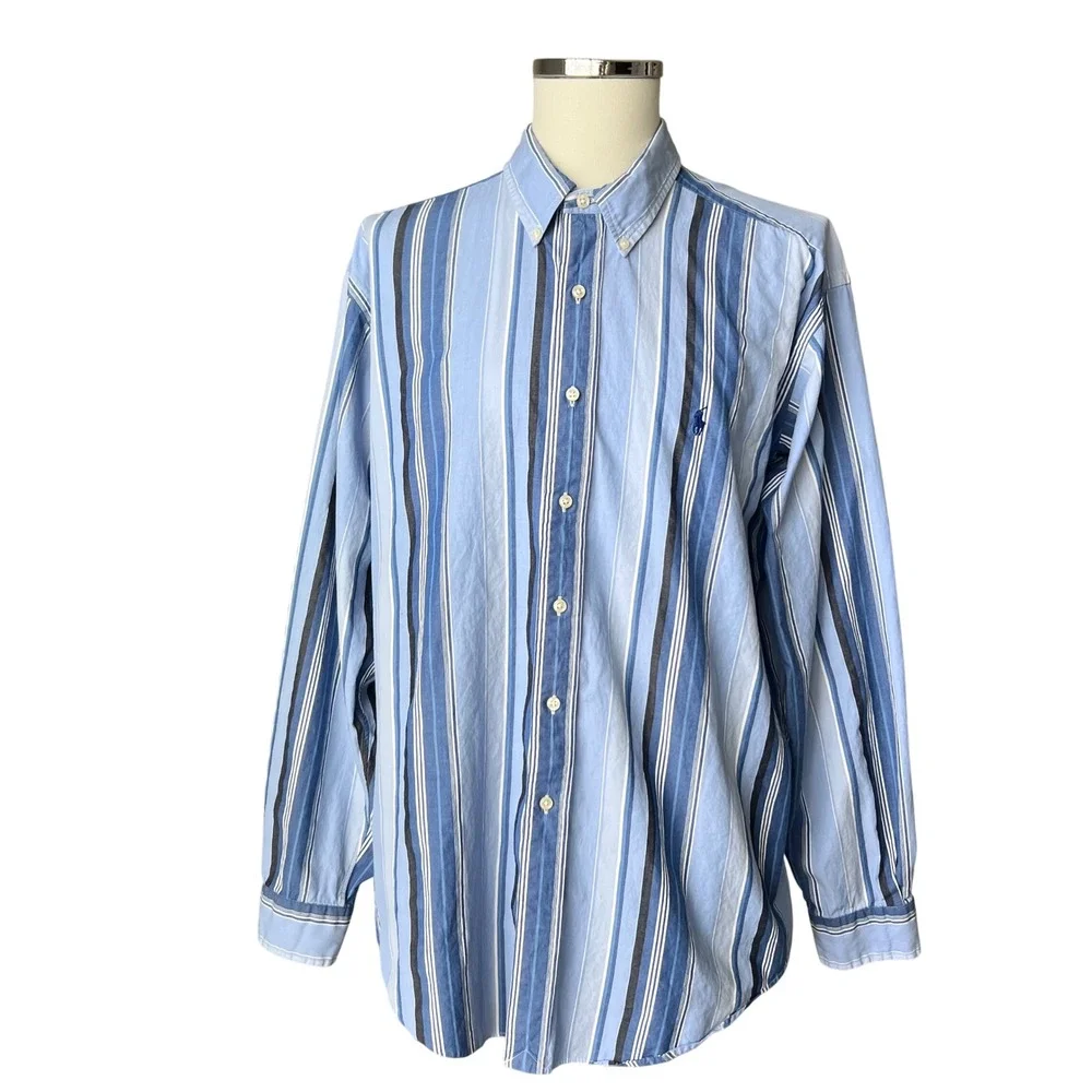 Vintage Polo Ralph Lauren Y2K Mens XL Classic Fit Blue Striped Button Down Shirt