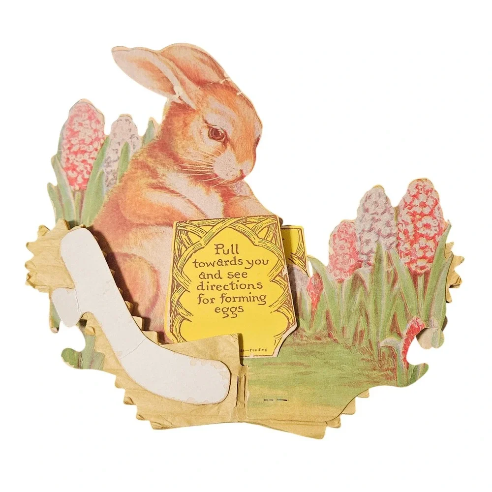 Antique Victorian Mechanical Easter Card Brown Rabbit‎ Hyacinth Die Cut Pull Tab