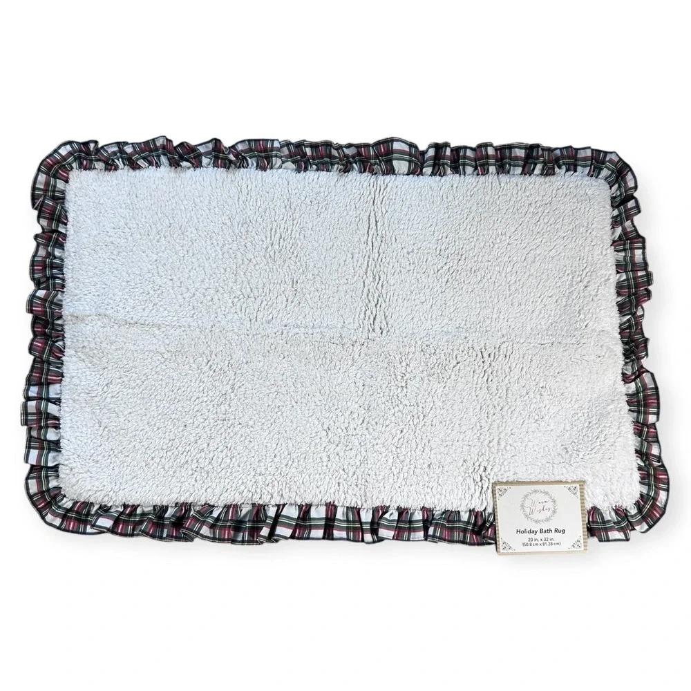 Warm Wishes Holiday Bath Rug White Plaid Ruffle‎ Trim 20x32 Cotton Christmas