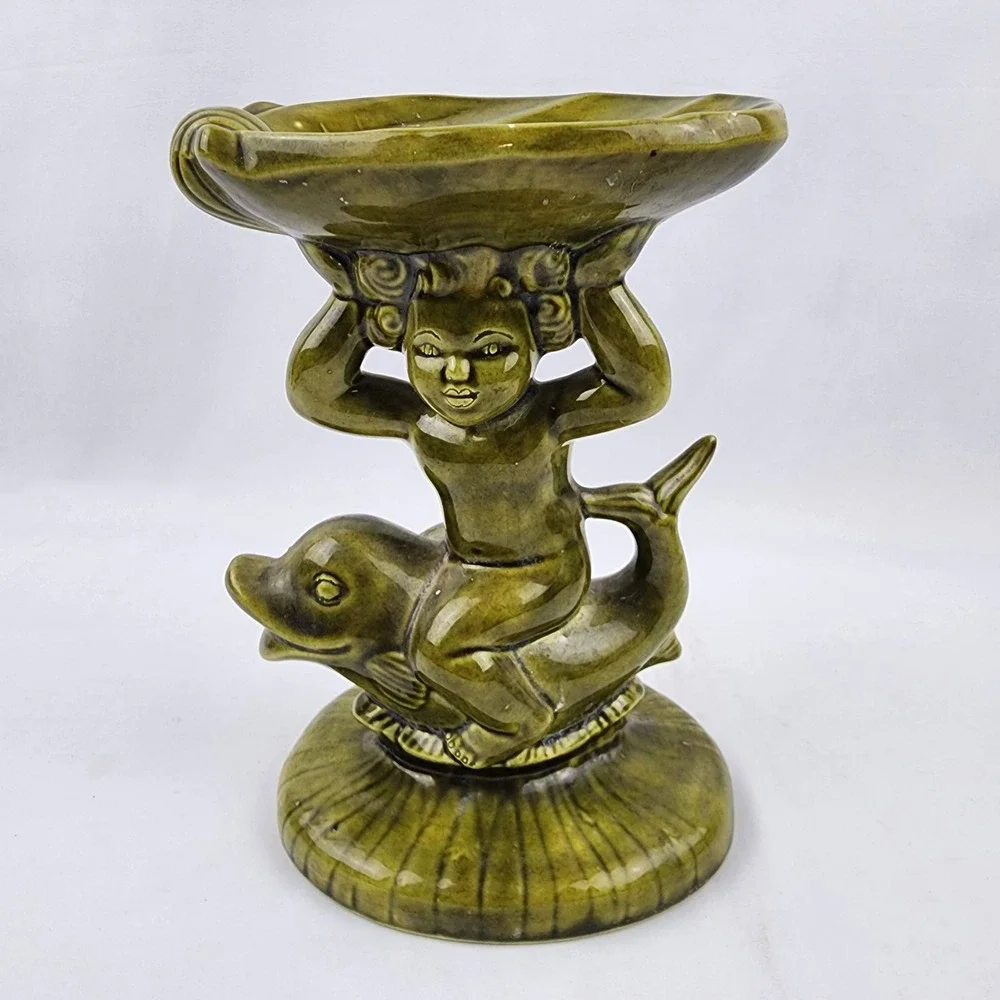 Vtg Ceramic Holland Mold Cherub Angel Child Dolphin Iridized Pedestal Soap‎ Dish