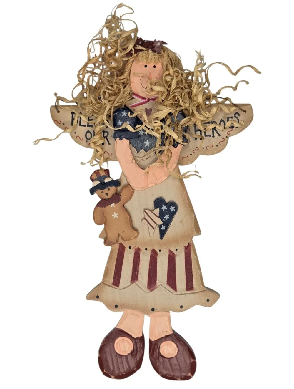 Patriotic Handcrafted Wooden Angel Doll Wall Hanging Bless Our Heroes Military