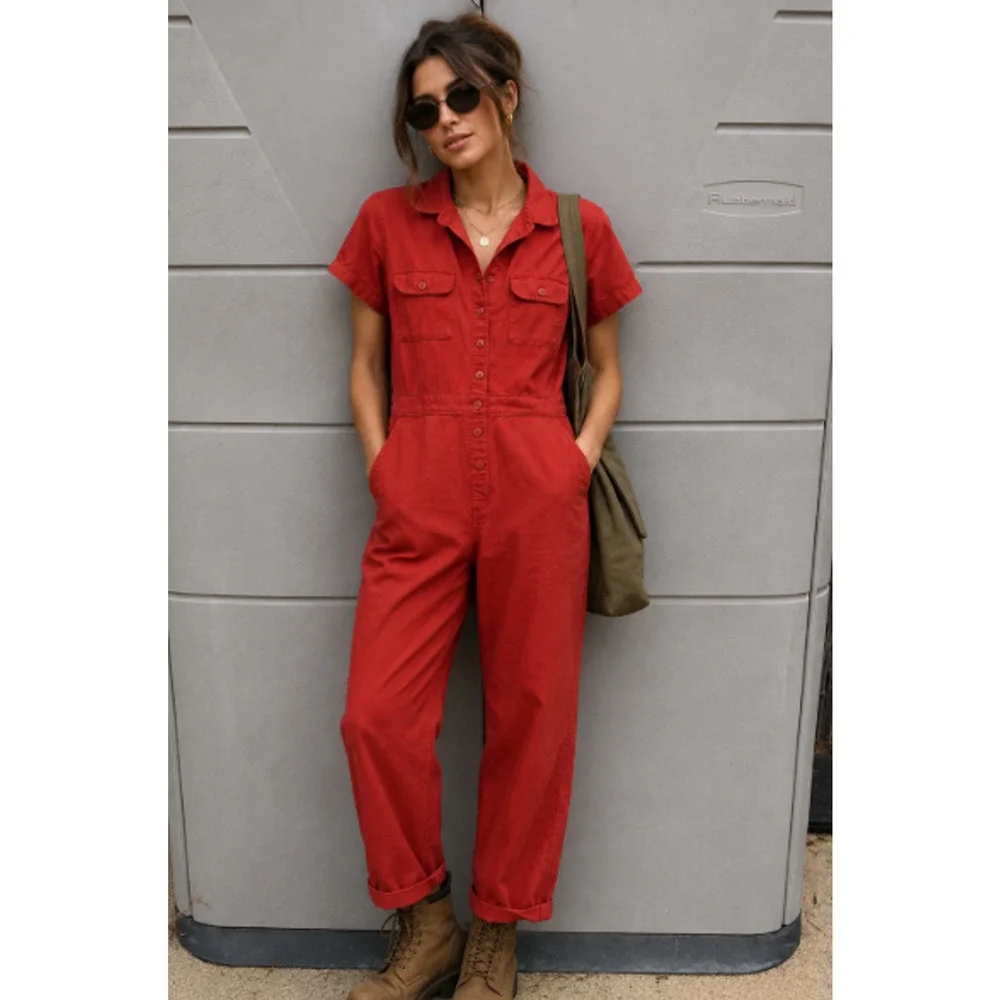Quince Women Linen/Organic Cotton Utility Jumpsuit Overall Terracotta Sz S