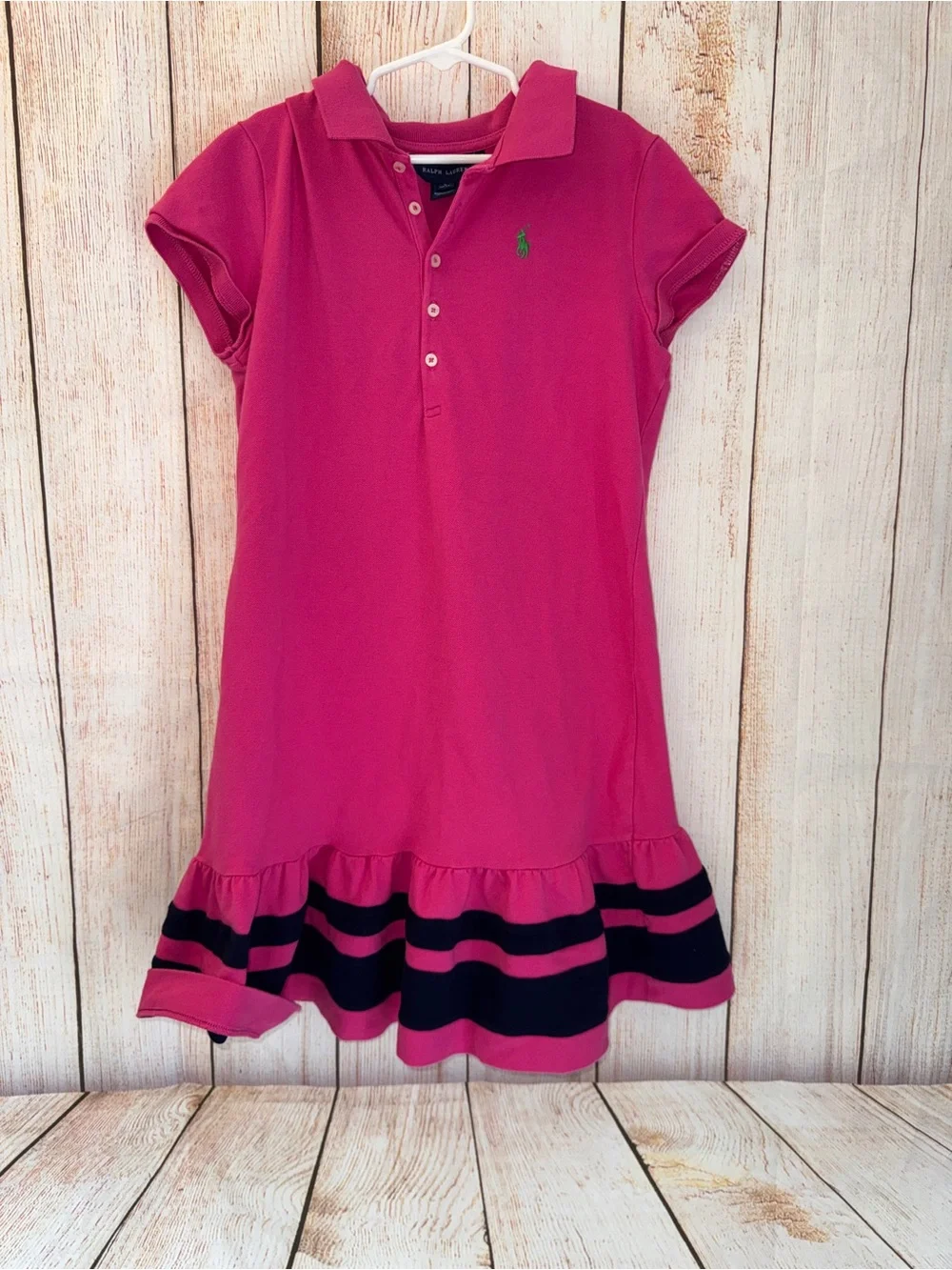 Ralph Lauren Girls' Hot Pink Polo Dress with Navy Stripe Hem, Tennis L 12/14