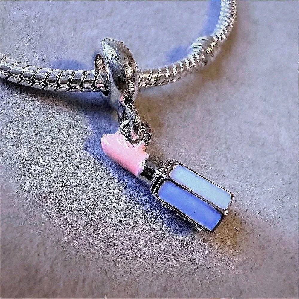 Lipstick Charm Bead Dangle Pink Blue Enamel Crystal Silver Tone Bracelet