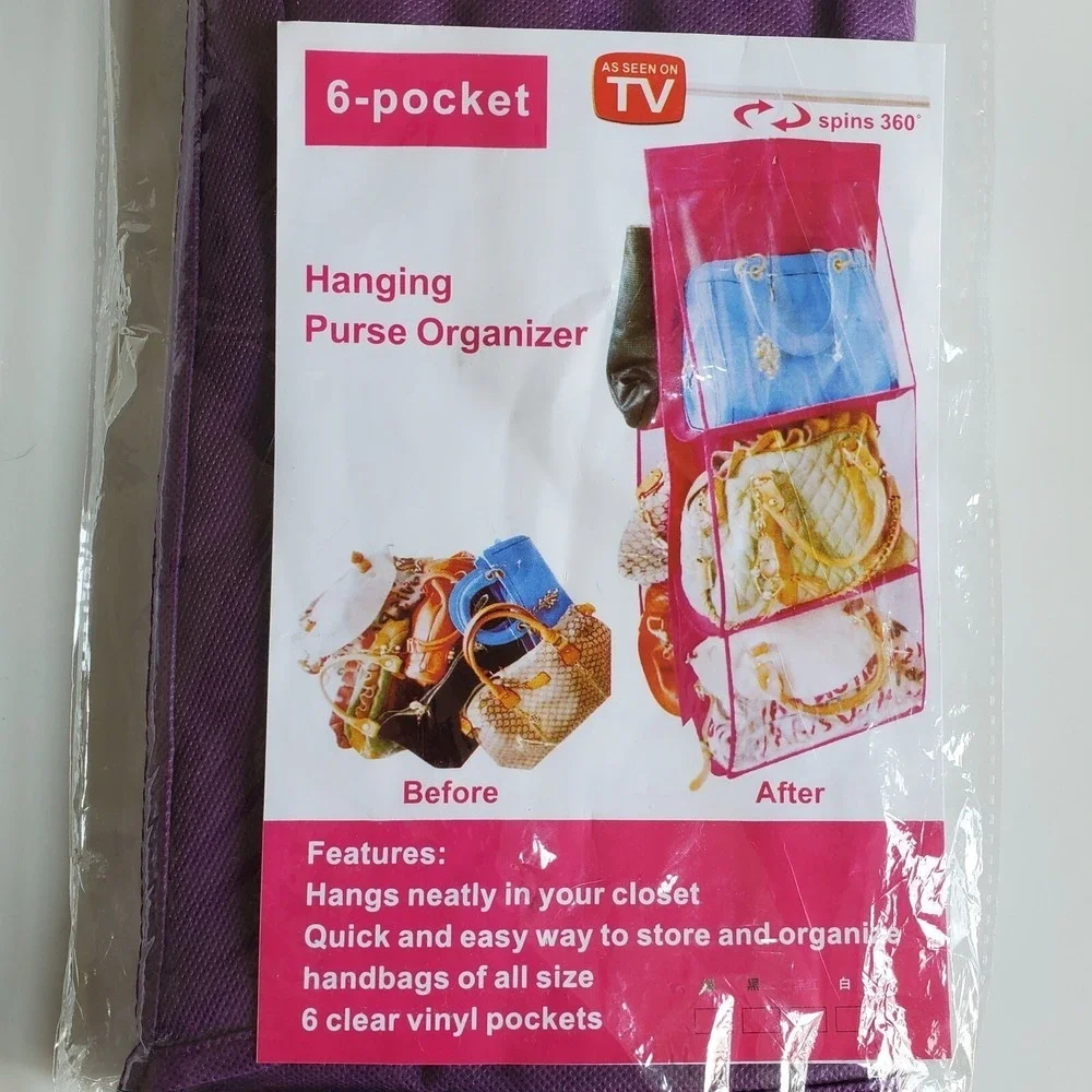 6 Pockets Double Side Transparent Foldable Hanging Handbag Purse Storage Bag New