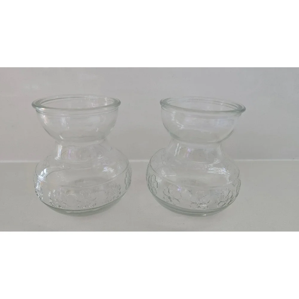Set‎ of 2 Clear Glass Embossed Floral Bud Vases Bulb Forcing Hyacinth Jars 4in