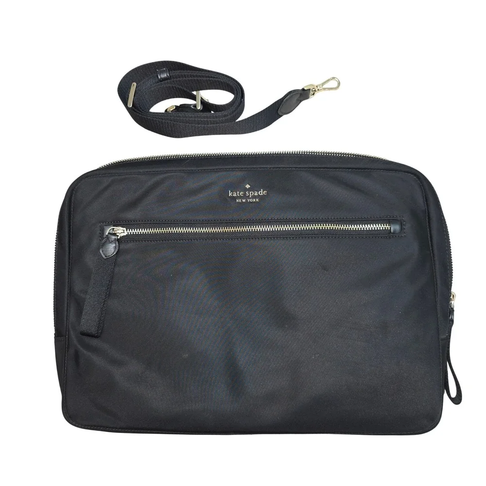 Kate Spade Black Nylon Laptop Bag Briefcase Crossbody Gold Hardware Tech Case