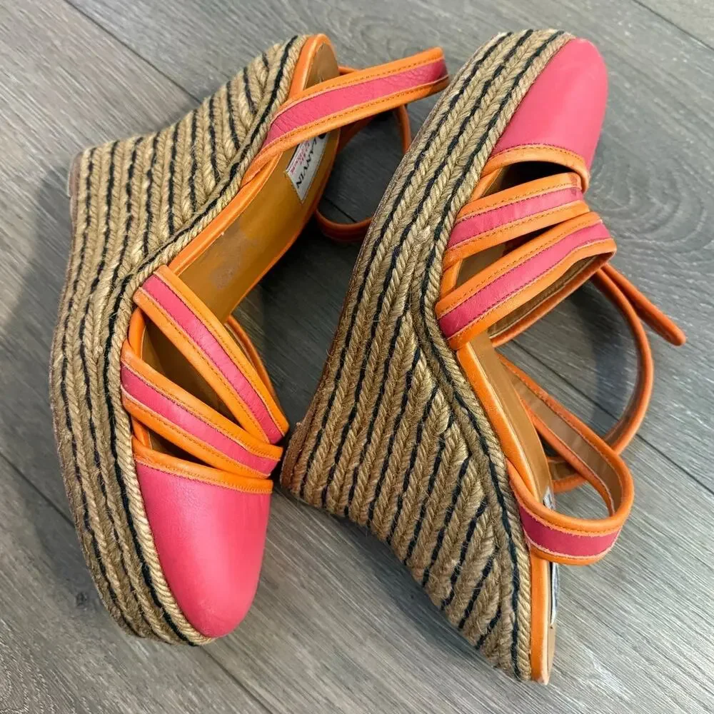 Womens Lanvin‎ Paris Leather Espadrille High Wedge Sandals Size 40 US 8.5