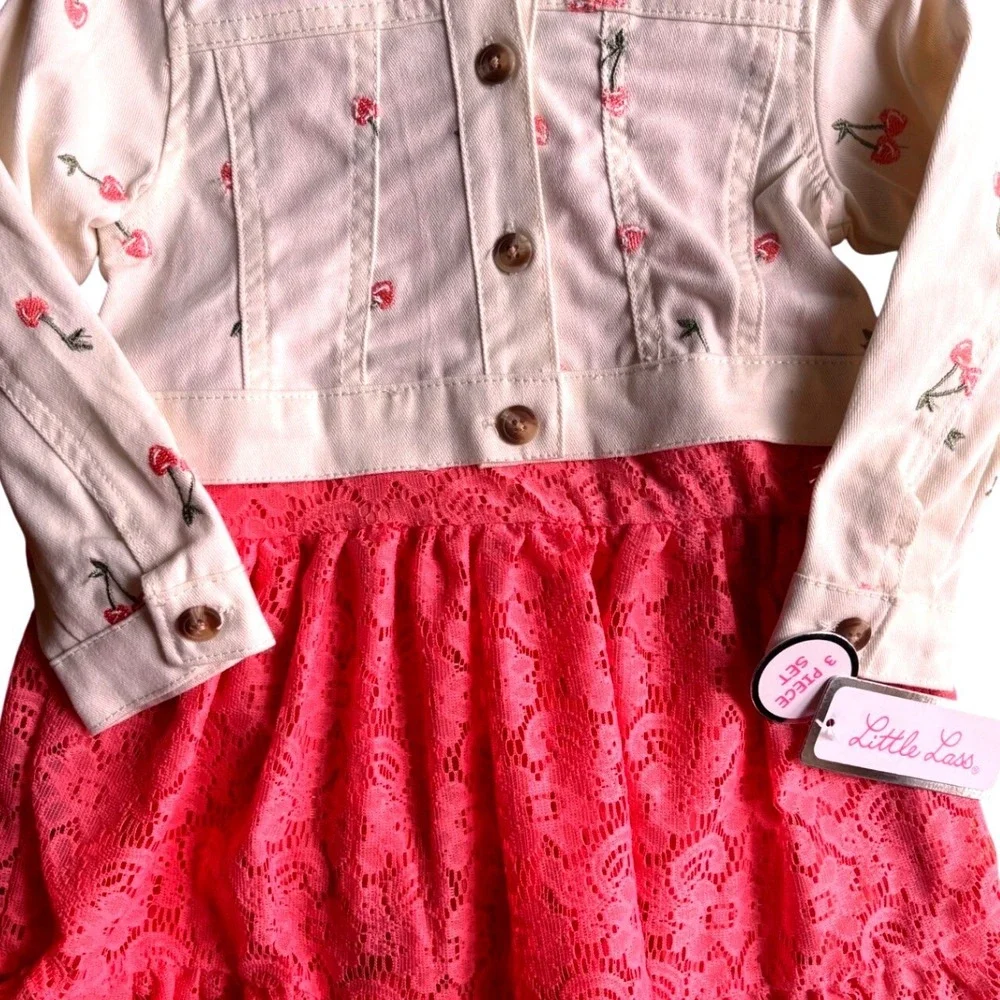3pc Dress Set Toddler 24M Pink White NWT Cherry Blossom Lace Jacket NWT
