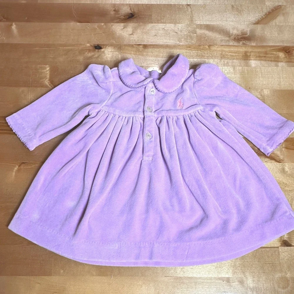 Ralph Lauren Velour Dress Baby Girl 9M Purple Excellent Long Sleeve Pony Logo