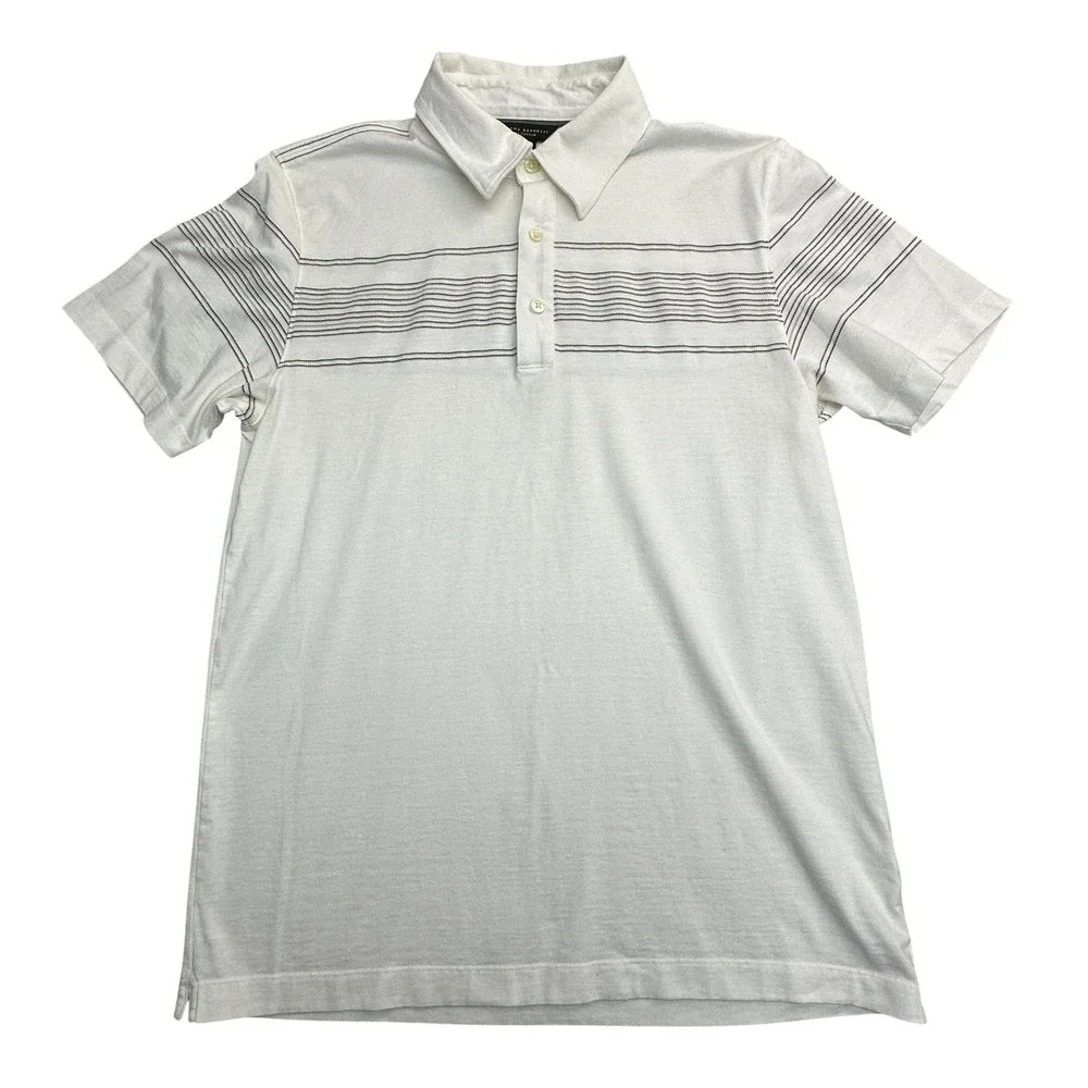 Banana Republic Polo Shirt Men Medium White Pima Cotton Striped Short Sleeve Y2K