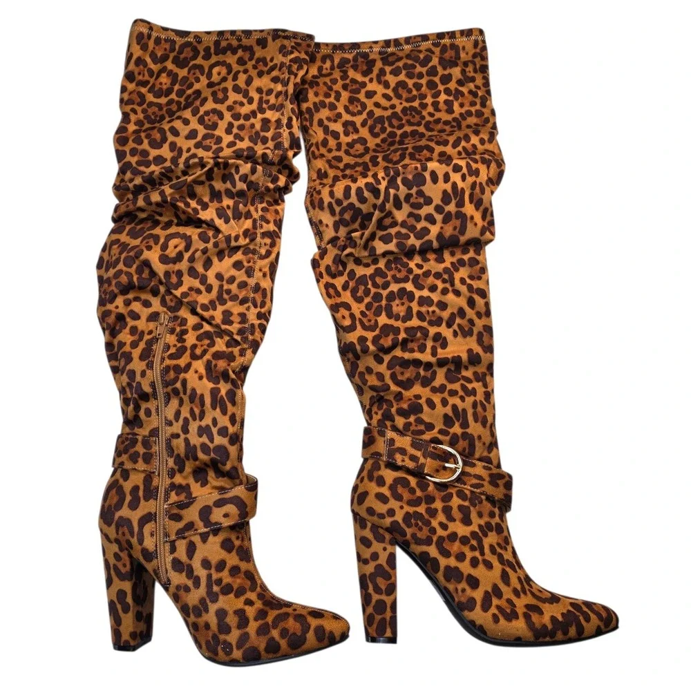 Journee Collection Leopard Print Over The Knee Boots Sz 8.5 XWC Extra Wide Calf‎