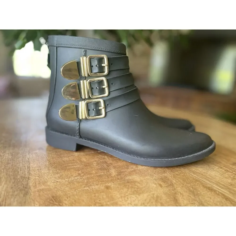 Loeffler Randall Black Rubber Rain Boots Gold Buckle Ankle Size 5