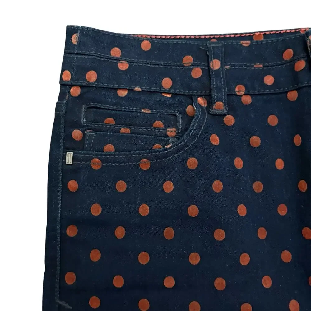 Anthropologie Pilcro Navy Brushed Denim Rust Polka Dot Pencil Skirt 27/4