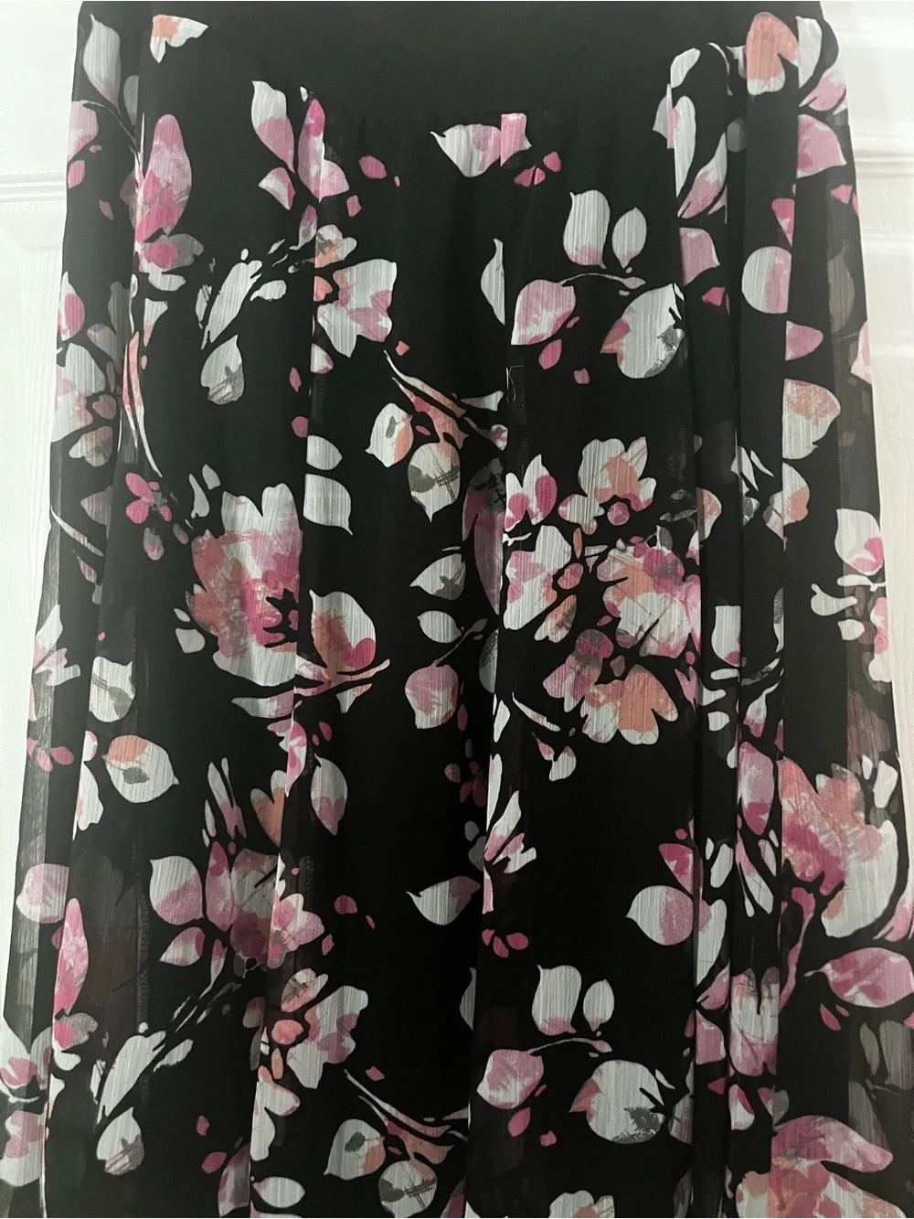 JM Collection Black A-Line Midi Skirt with Pink Floral Print