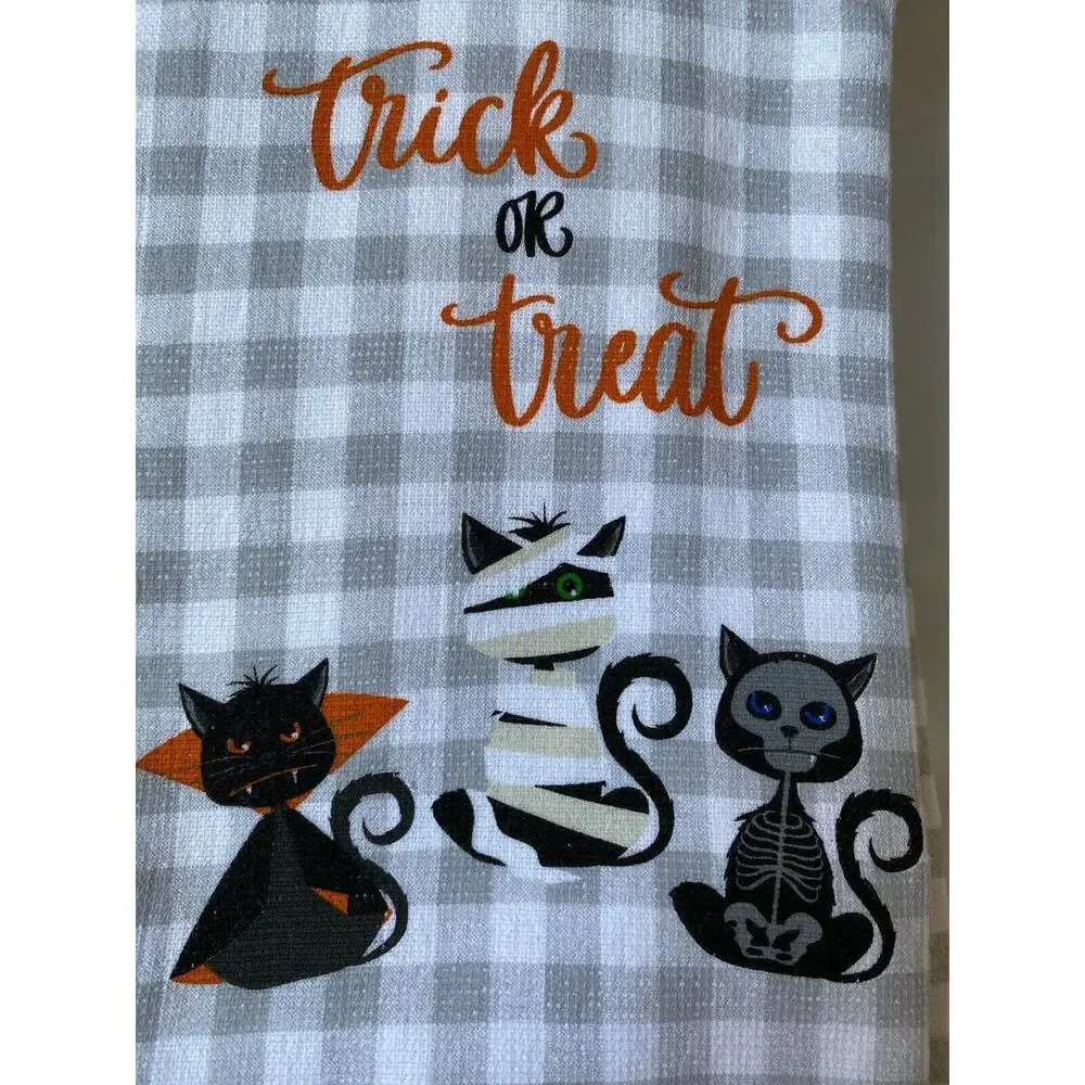 NWT Halloween Black Bat Cat Mummy Kitten Skeleton Kitty Dish Kitchen Towel Set