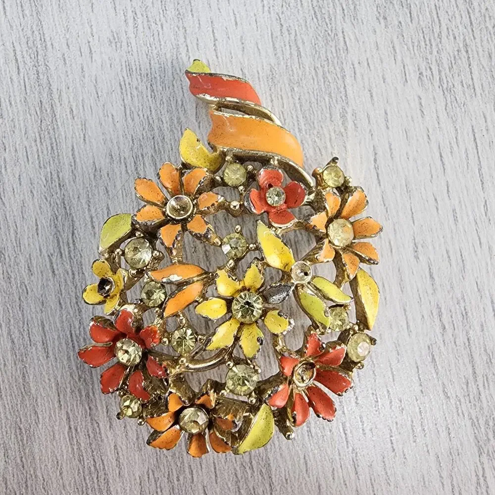 Vintage Brooch Lisner Signed Enamel Floral Rhinestone Flower Summer Hippie FLAWS