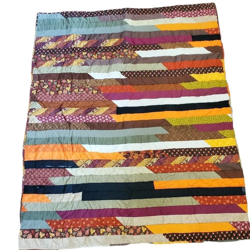 Handmade Jelly Roll Fall Autumn Leaf‎ Quilt Brown Orange NEEDS REPAIR 62x48