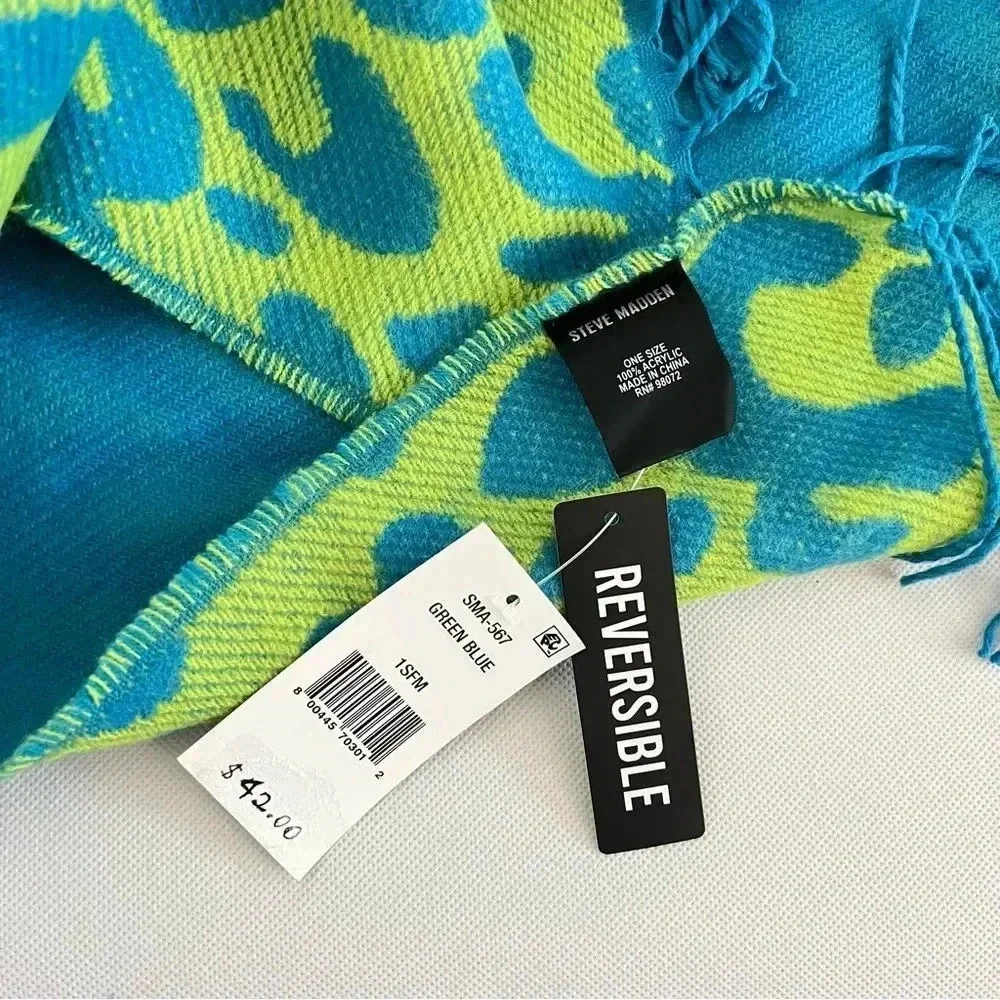 Steve Madden Reversible Leopard Print Scarf Green and Blue With Fringe