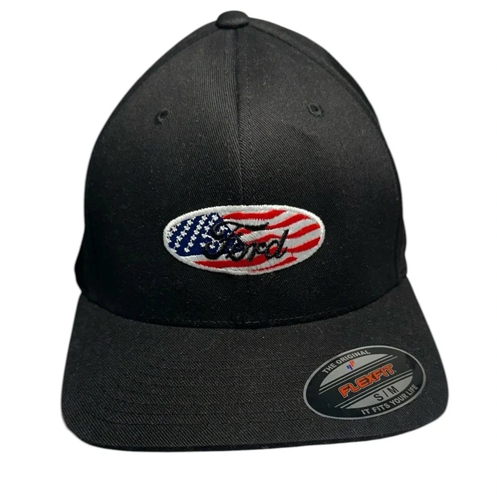 Ford Men's Black Flexfit Baseball Cap with American Flag Patch