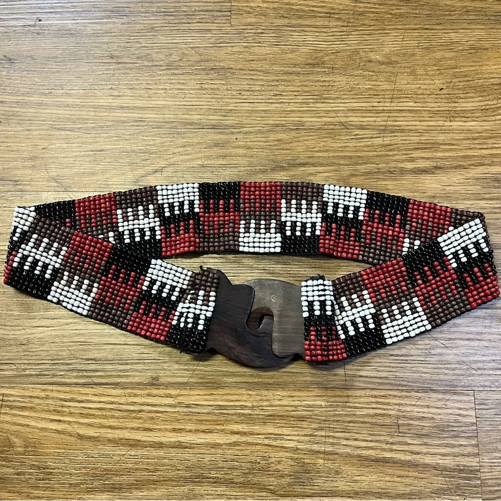Boho Red Black Beaded Stretch Belt Wide Geometric Southwest Free People Festival