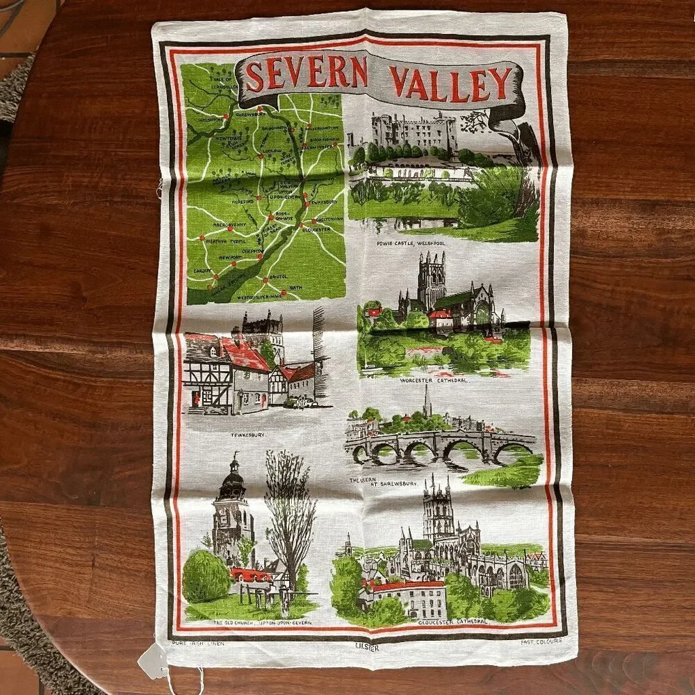 VTG Ulster Linen Tea Towel Severn Valley Map & Landmarks England 20x30