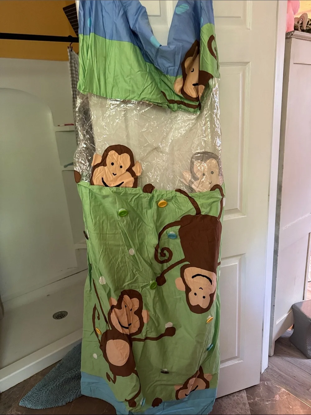 2 Monkey Hanging  shower curtain  Green and Blue
