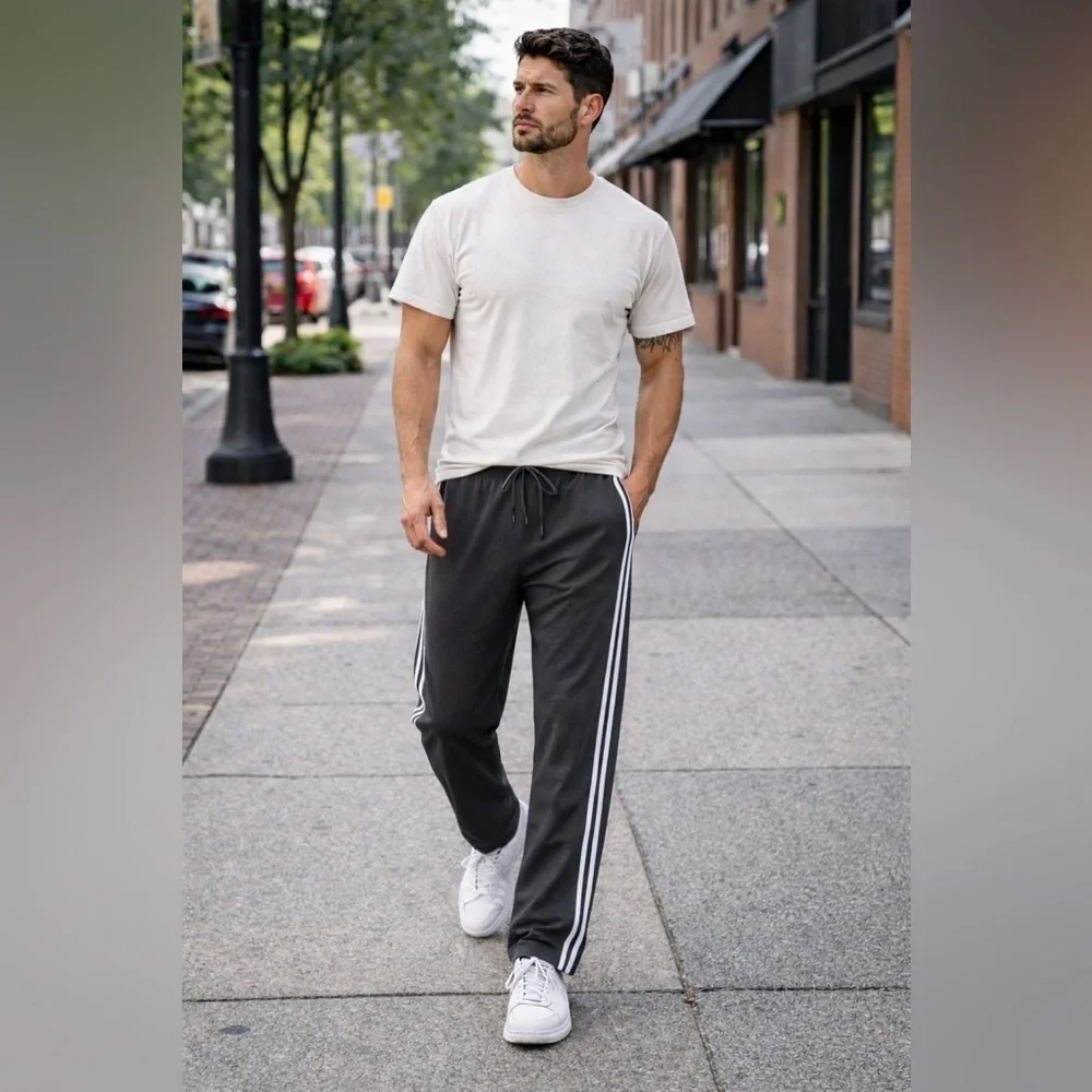 🖤 Athletic Works Men’s Gray Track Pants | White Side Stripe |