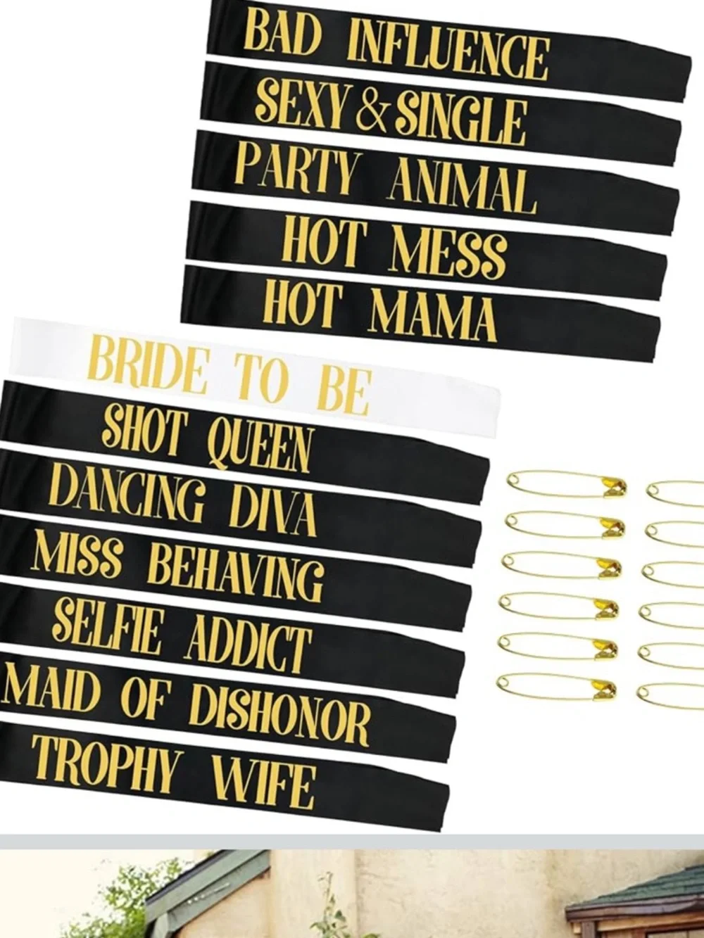 Bridal Party Sash Set in Black, White & Gold - 12 Bachelorette Sashes