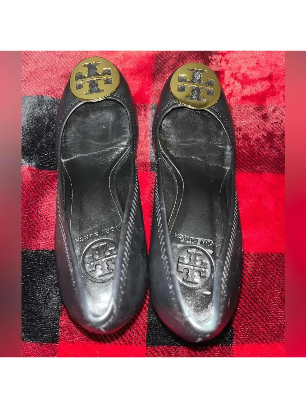 Tory Burch Leather Pumps 7M Black Gold Hardware