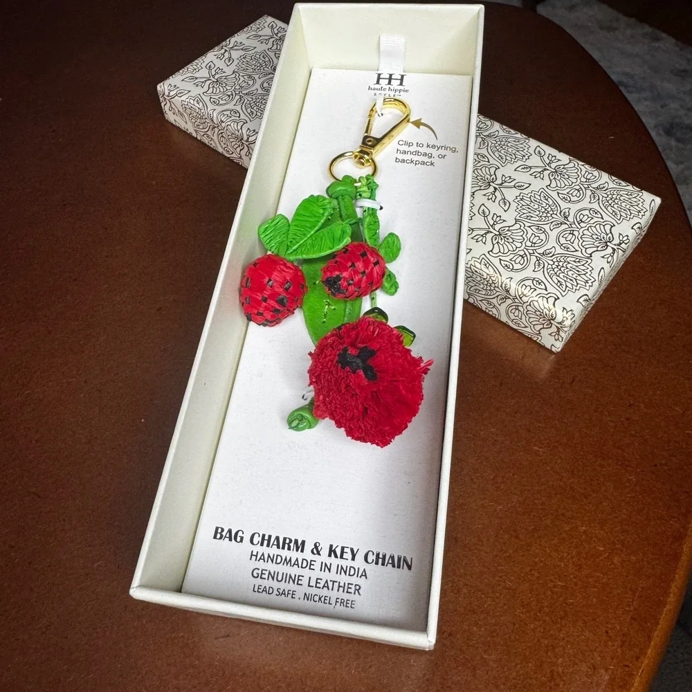 Boho Raffia‎ Flower Berry Keychain Bag Charm Tassel Clip Straw Trendy