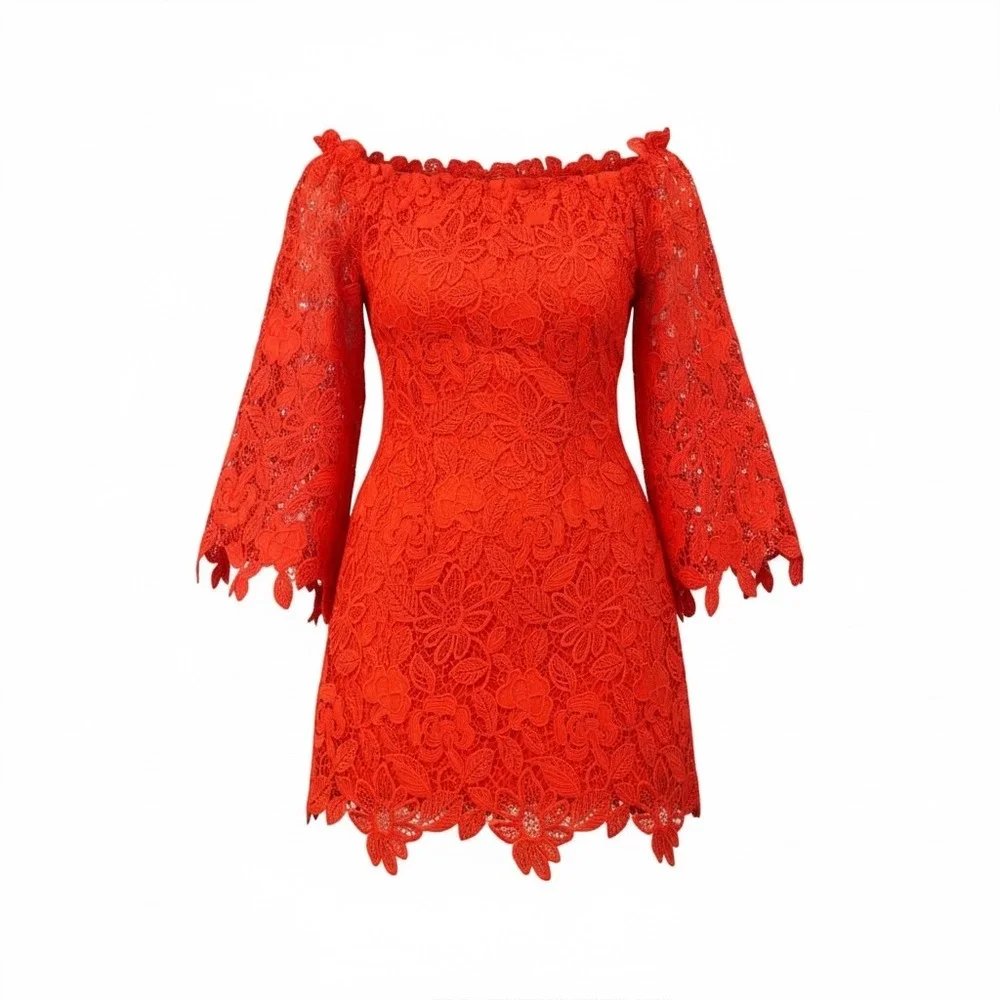 Free‎ People Fiesta Red Lace Dusk Dress Womens Size 2 Floral Lace Off Shoulder