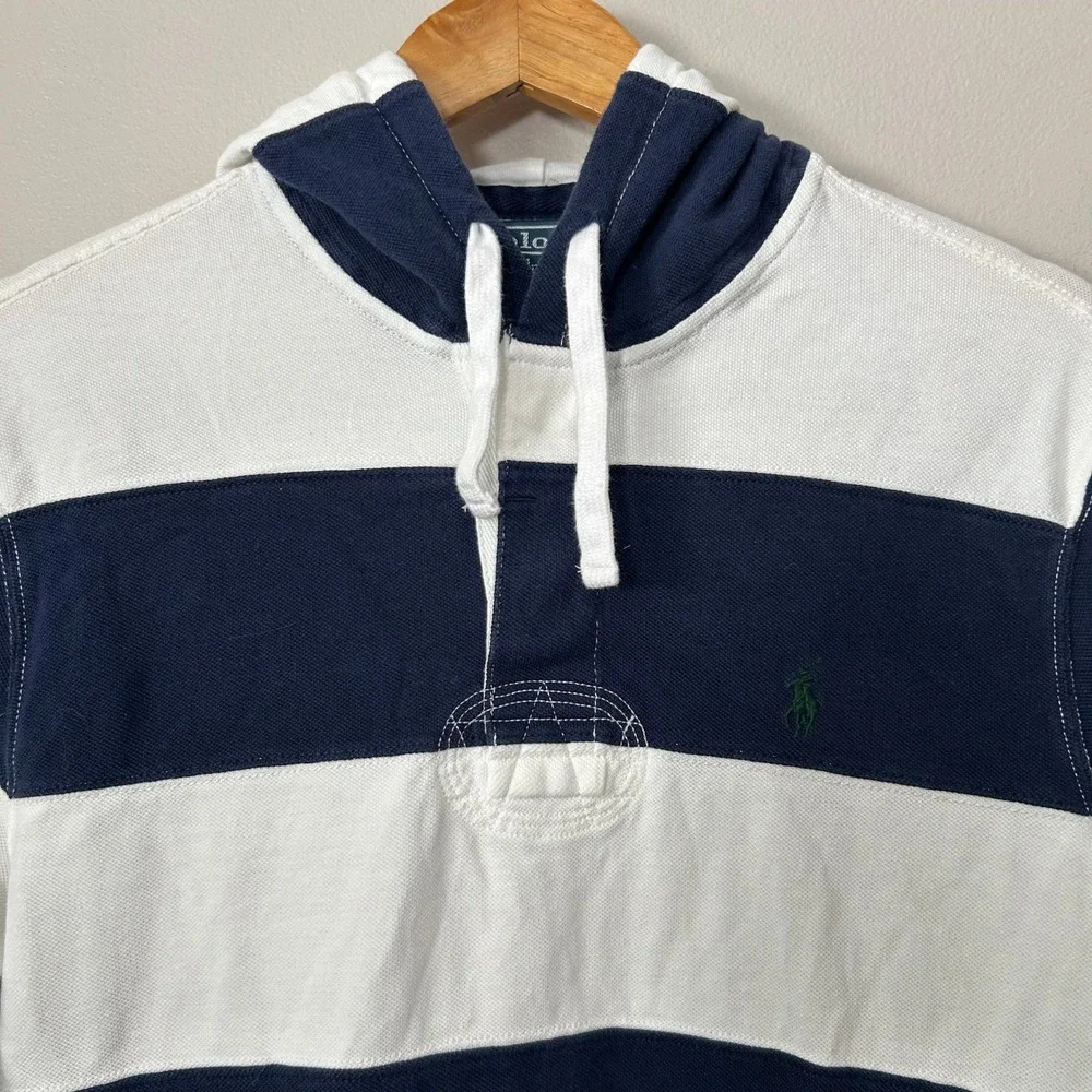 Polo Ralph Lauren Rugby Hoodie Mens Medium Navy White Striped Long Sleeve Cotton