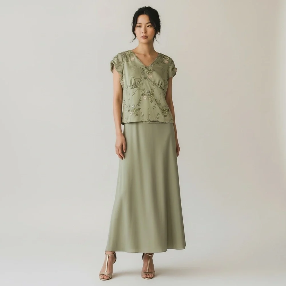 Elegant Green Beaded Floral Skirt Set / Maxi gown cocktail dress