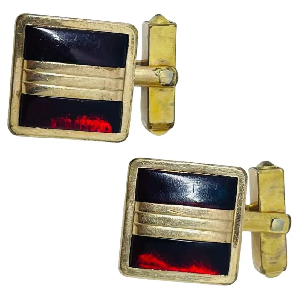 Vintage SWANK signed 10k gp gold plated red glass designer cufflinks